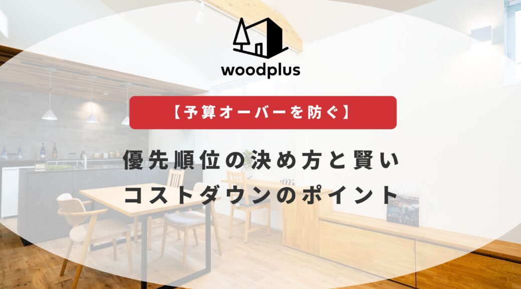 木の梁が見える明るいLDKの内観写真を背景に、住宅会社woodplusのロゴと「家づくりの第一歩」「後悔しない家を建てるために知っておきたい3つのこと」という文字を配置した、注文住宅や家づくりの基礎知識を伝えるアイキャッチ画像。