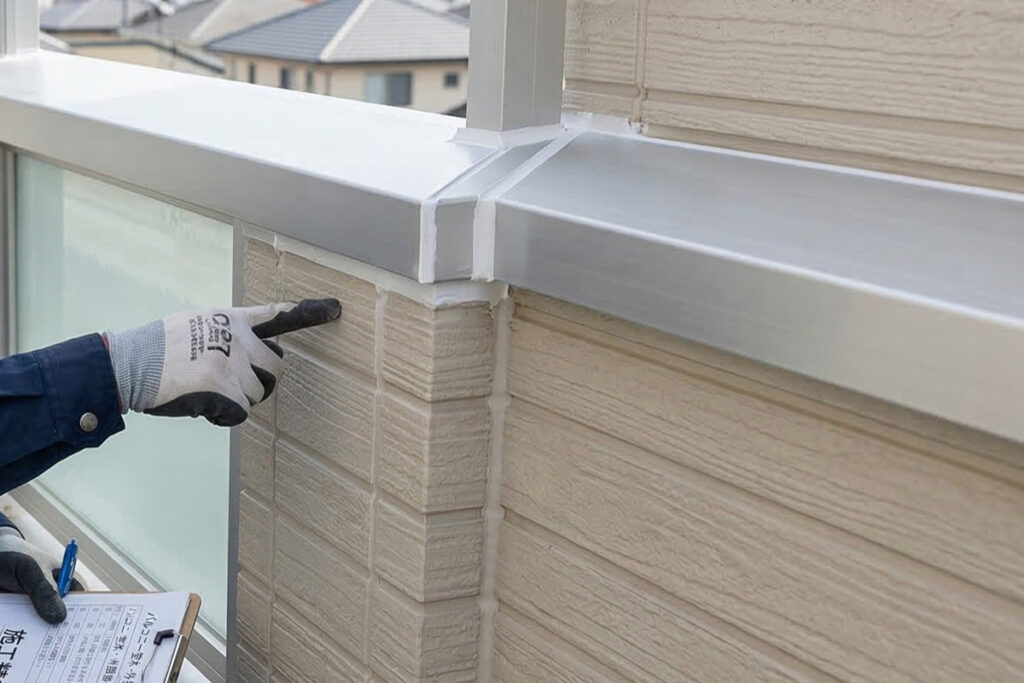 バルコニー笠木と外壁サイディングの接合部分にて、シーリングの施工状態を指差しで入念に確認する住宅検査の工程。