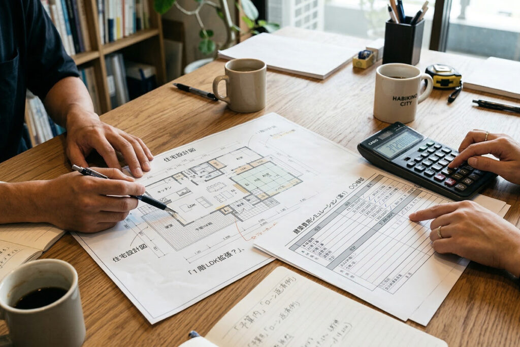 住宅設計図と建築費用シミュレーションを広げ、電卓を使って資金計画や間取りの検討を行う工務店での打ち合わせ風景。
