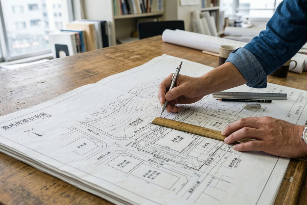 木製デスクの上で、設計者が定規とシャーペンを使い「敷地配置計画図」を詳細に描き込む様子。