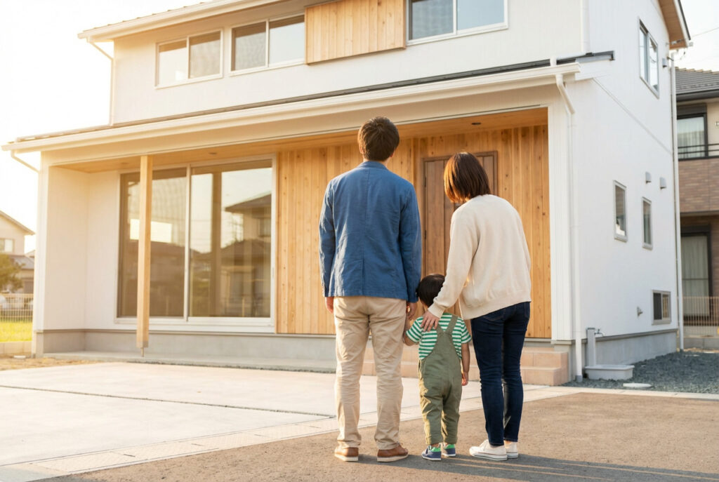 軒天や壁面に天然木をあしらったモダンな白い外壁の注文住宅を、完成した新居の前で見上げる家族三人の後ろ姿。