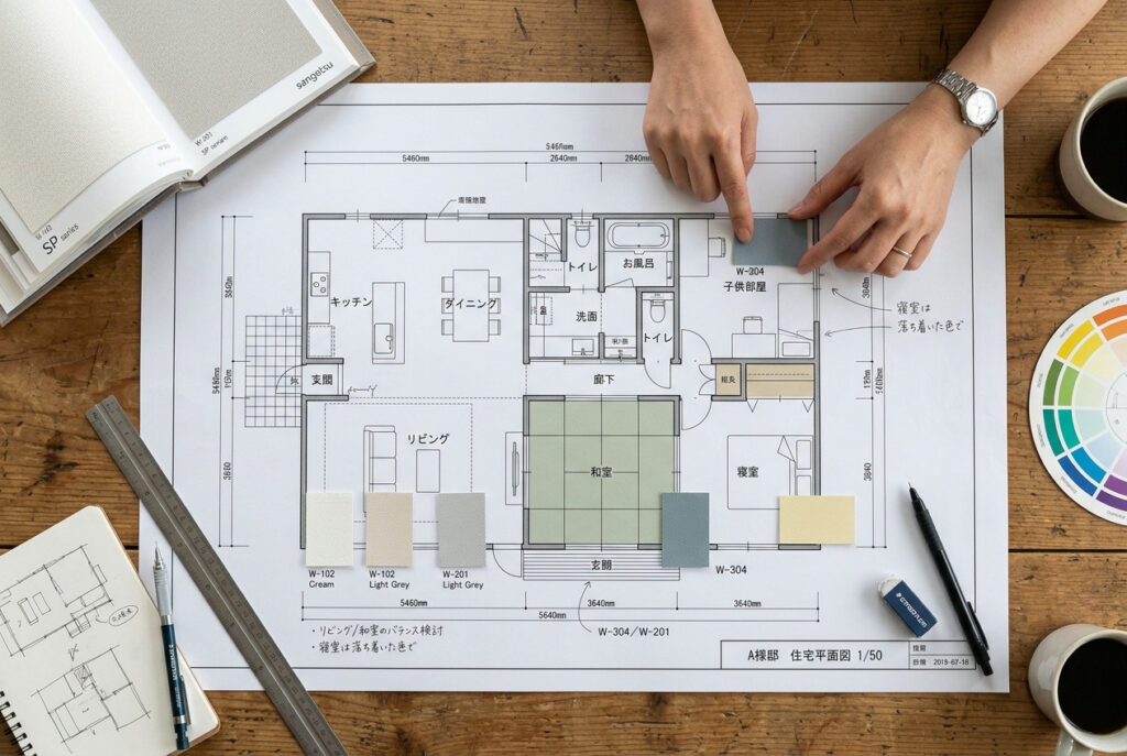 木目のテーブルに広げた住宅平面図の上で、壁紙サンプルやカラーチップを使い、各部屋の色彩計画やバランスを検討している打ち合わせの様子。