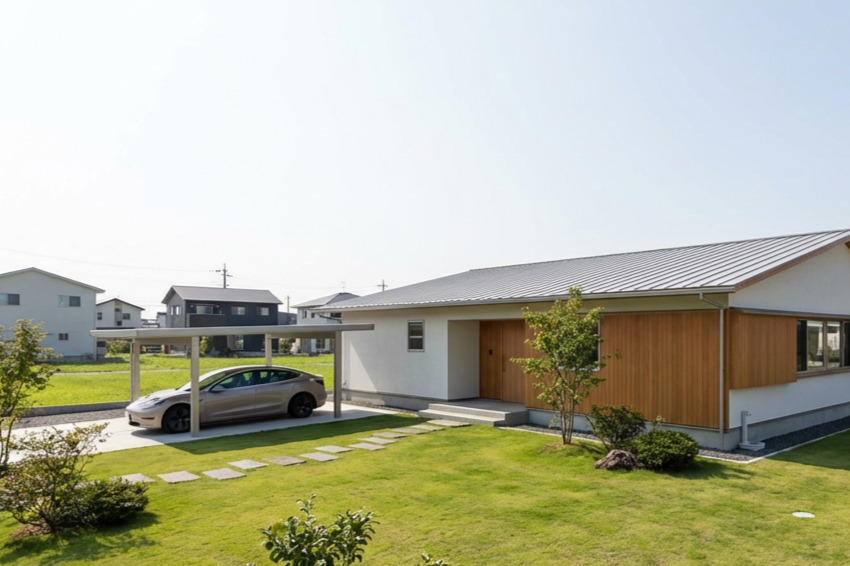 広い芝生の庭と石の小道、木目のアクセント壁が映える白い塗り壁の平屋。屋根付きのカーポートが隣接するゆとりある敷地計画。
