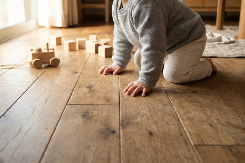 温かみのある無垢材のフローリングの上で、木のおもちゃと遊ぶハイハイをした赤ちゃんの足元。木の質感が伝わる明るい室内