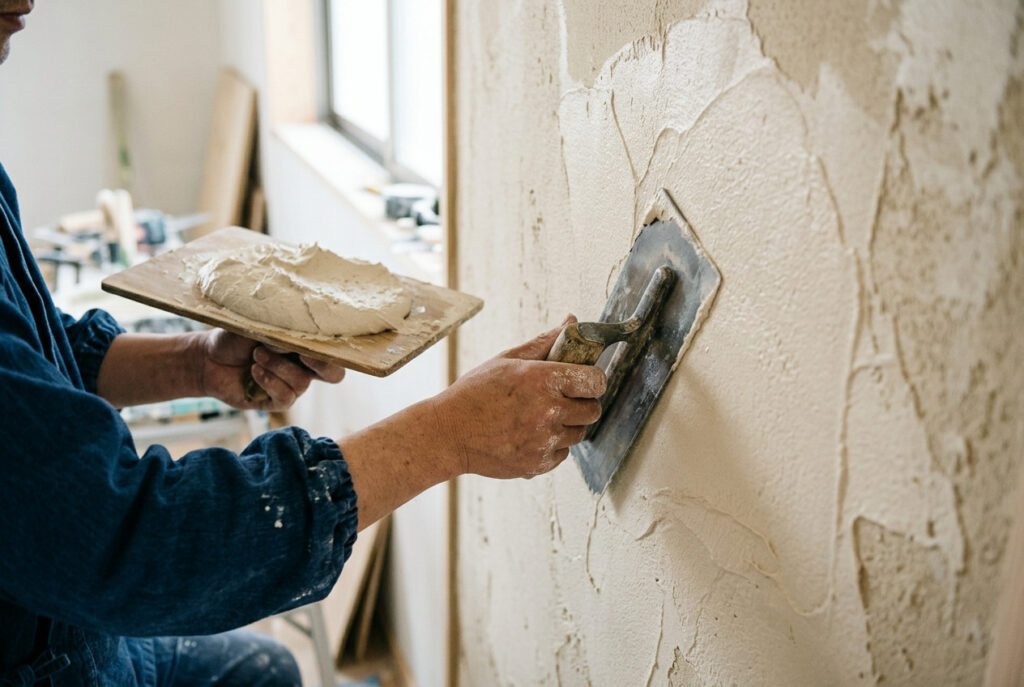 熟練の職人がコテを使い、住宅の内壁に漆喰を丁寧に塗り込んでいく左官工事の様子。手仕事ならではの豊かな質感が壁に刻まれている。