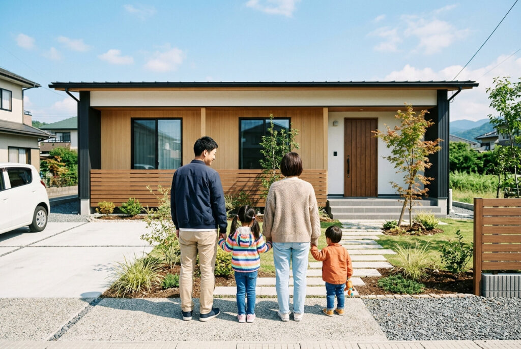 青空の下、木目と塗り壁のコントラストが美しい平屋のマイホームを背に、手をつないで笑顔で立つ仲睦まじい家族4人。