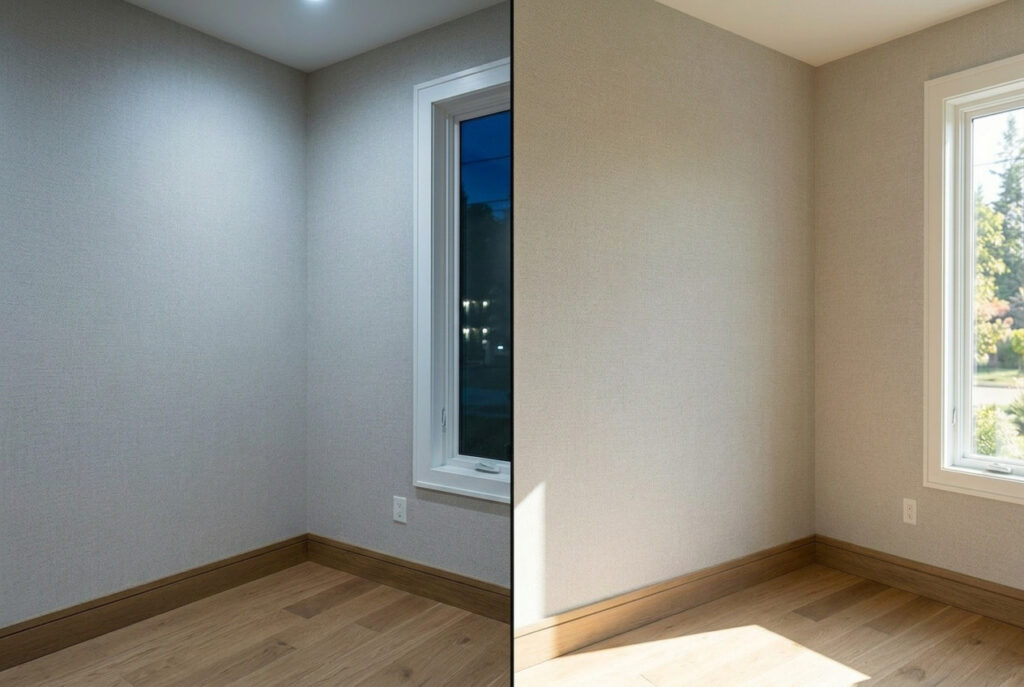 同じ壁紙を貼った部屋の角を、夜の室内照明と昼の自然光で比較した様子。光の種類によって壁紙の色の見え方が変わることを示している。