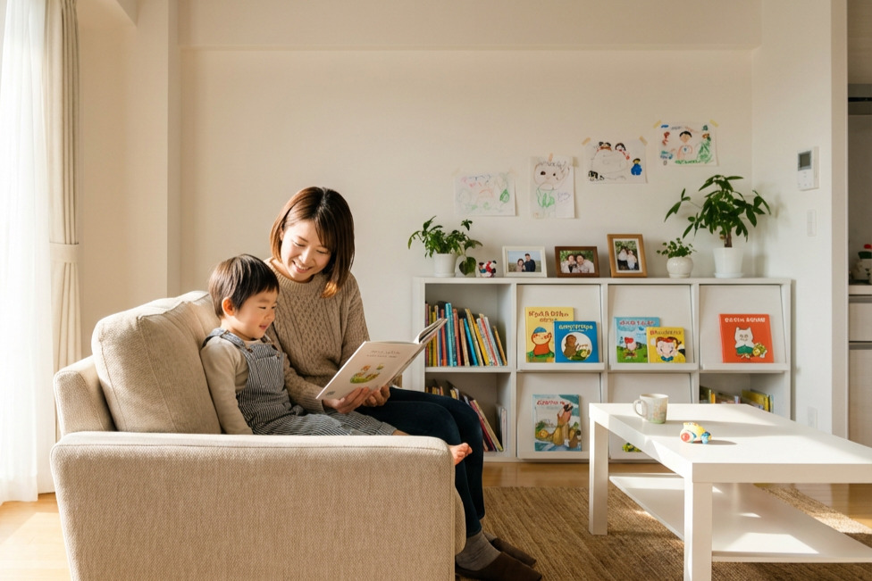 白を基調としたリビングで、壁一面の造作絵本棚を背にソファで子供に読み聞かせをする親子。