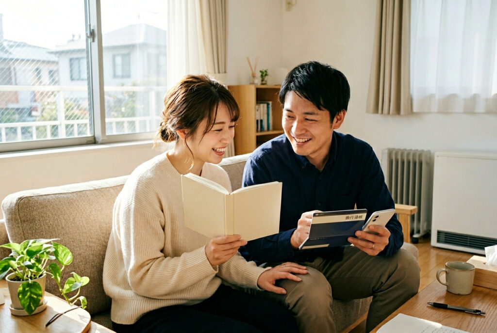日当たりの良いソファでくつろぎながら、通帳とスマートフォン、手帳を手に笑顔で家計の相談をする夫婦。