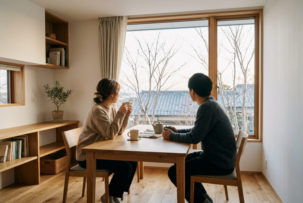 大きな窓から外の木々を眺めながら、木製テーブルでティータイムを楽しむ夫婦。自然素材の家具に囲まれたミニマルで心地よいLDK