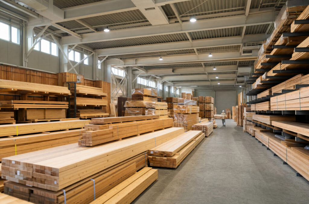 住宅の柱や梁に使用される木材が、出荷や加工を待つために整然と積み上げられた広大な資材管理倉庫。