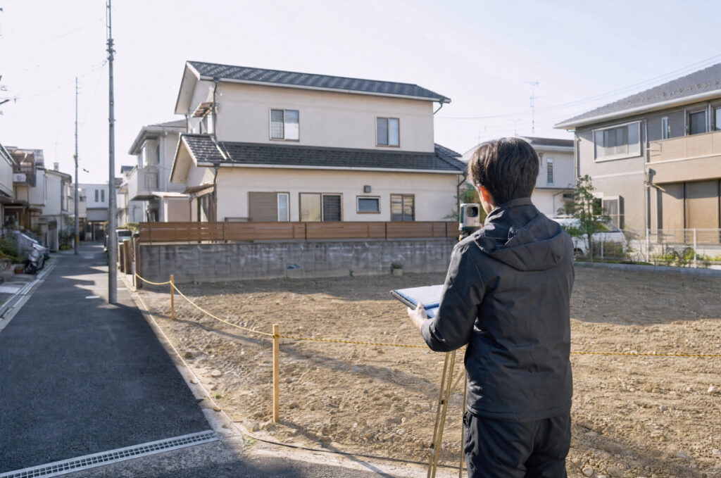 住宅の建築予定地にて、測量機器を用いて敷地の境界や高低差を正確に測定する現場調査の風景。