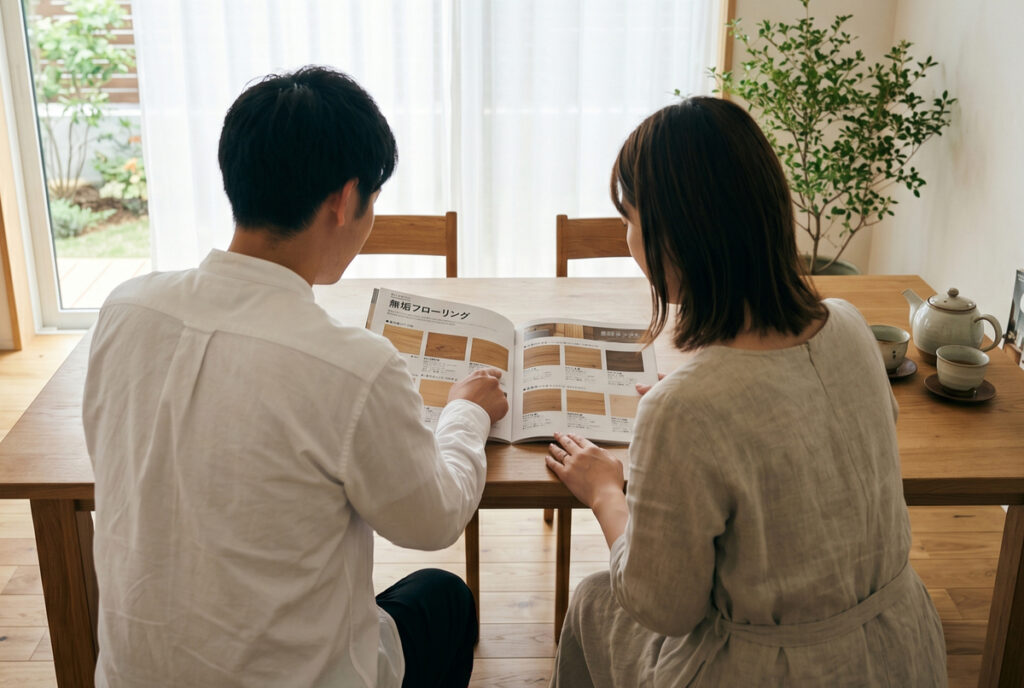 明るいダイニングで「無垢フローリング」のカタログを広げ、真剣に床材を選んでいる夫婦の後ろ姿。暮らしのイメージを膨らませる家づくりのワンシーン。