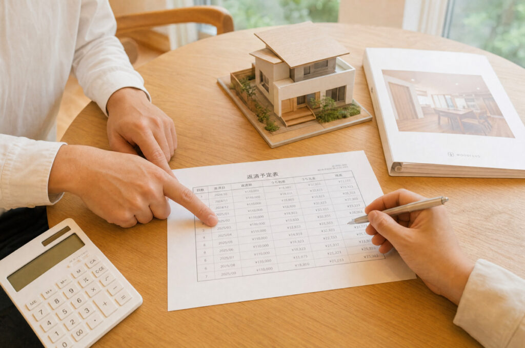 住宅模型や電卓が置かれたテーブルで、「返済予定表」の数値を指差しながら資金計画のシミュレーションを行うスタッフと顧客の手元