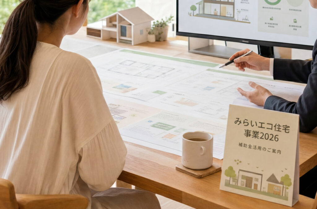 「みらいエコ住宅事業2026 補助金活用の御案内」の卓上POPが置かれたデスクで、スタッフが図面を広げて女性のお客様に住宅補助金や間取りの説明をしている様子。
