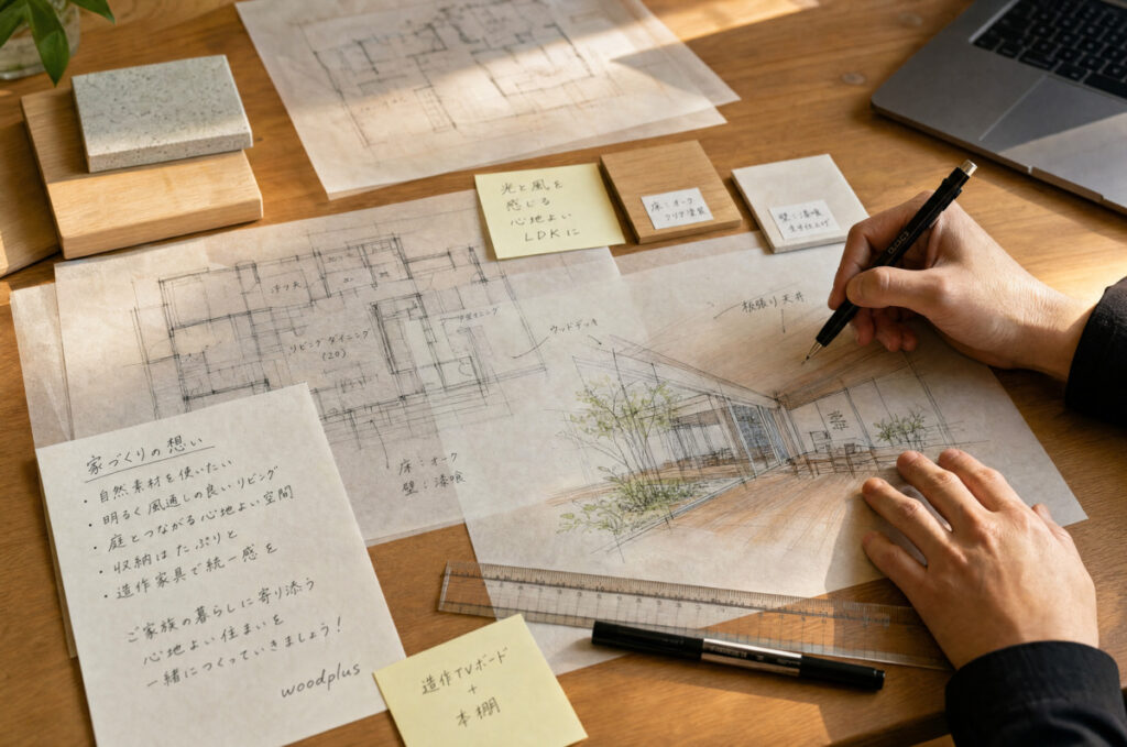 デスクの上に広げられた手書きの間取り図面、LDKの内観パース、家づくりの想いや要望が書かれたメモと付箋
