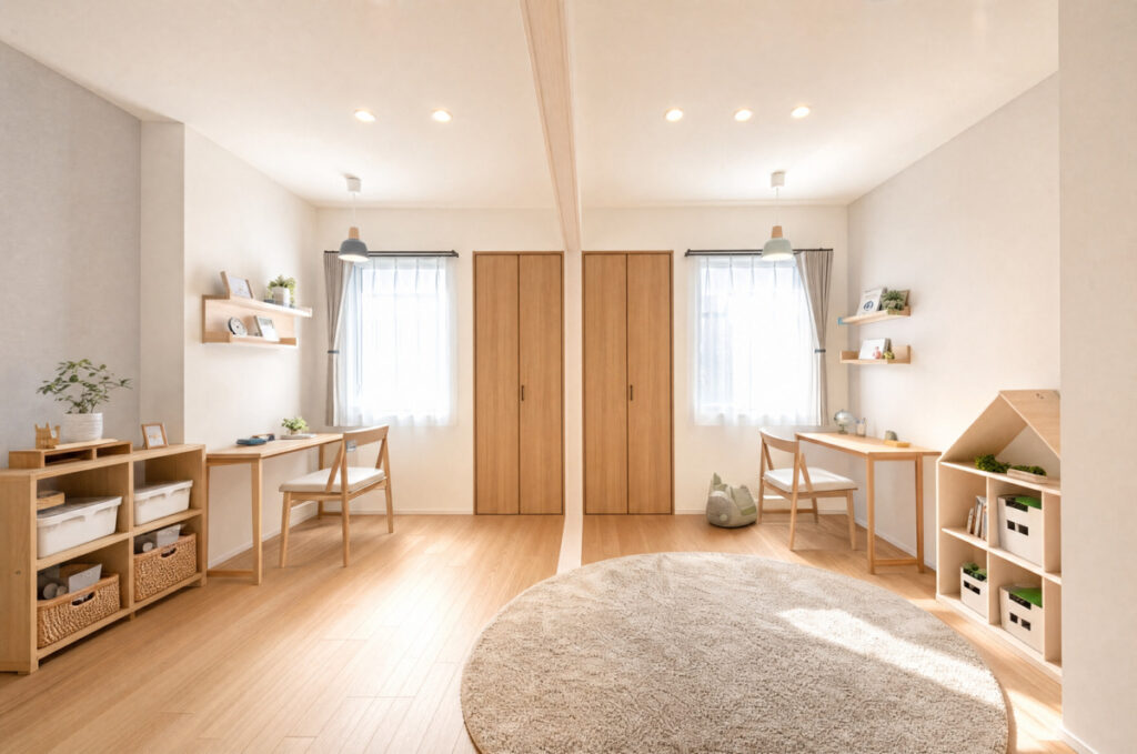 将来的に2部屋に仕切れるよう左右対称に設計された、木の温もりを感じる明るい子供部屋。
