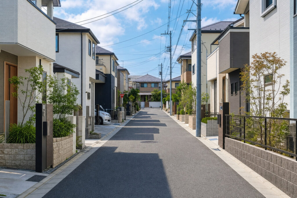 外構や植栽がきれいに整備され、現代的なデザインの戸建て住宅が両側に整然と立ち並ぶ、見通しの良い住宅街の直線道路。