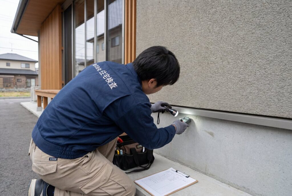 「株式会社 住宅検査」のロゴ入りブルゾンを着用した検査員が、懐中電折と測定器を手に新築住宅の基礎部分を細かく目視検査する様子