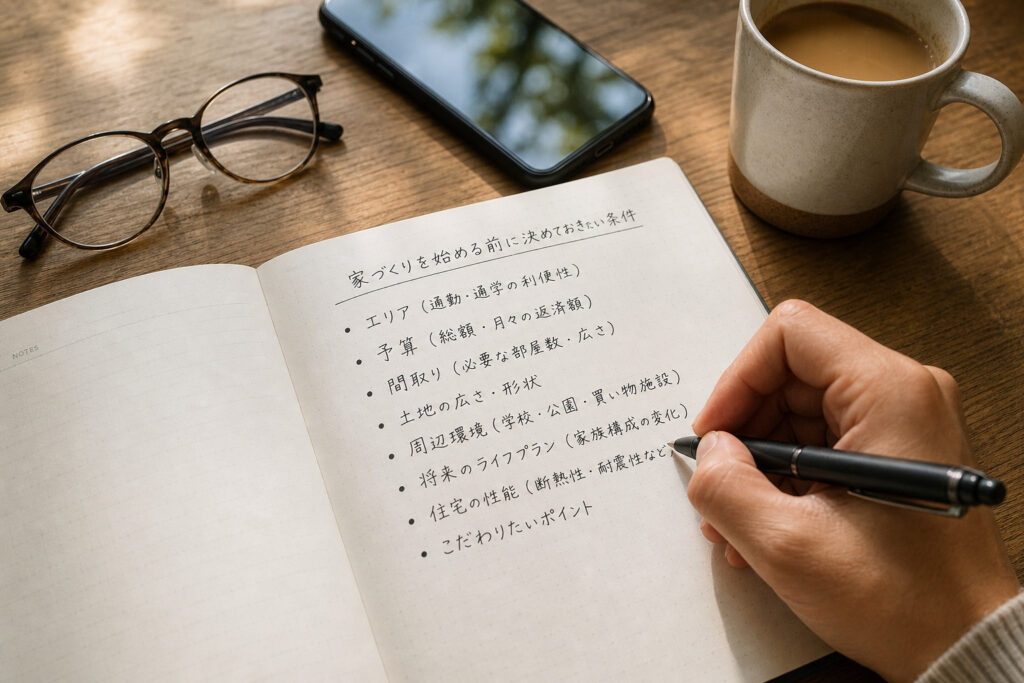 木目のデスクで、ノートにエリアや予算、住宅の性能など「家づくりを始める前に決めておきたい条件」を書き出している手元。