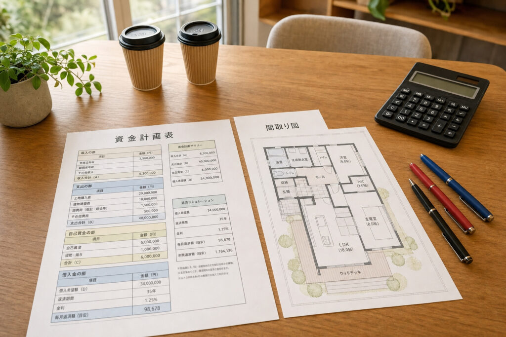 明るい窓際の木製テーブルに並べられた、ウッドデッキを備えた間取り図と詳細な資金計画表、および電卓。