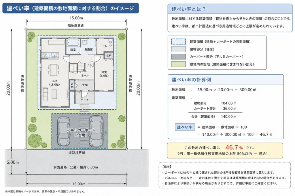 敷地面積に対する建物と2台用アルミカーポートの建築面積の割合を示した、建ぺい率の計算方法を解説する配置図。