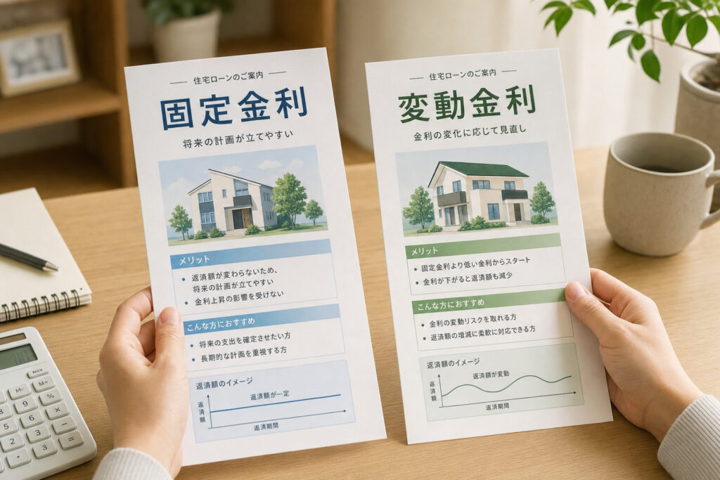 住宅イラストとともにメリットや向いている人が記載された、固定金利と変動金利の案内資料を両手で持ち比較している様子。