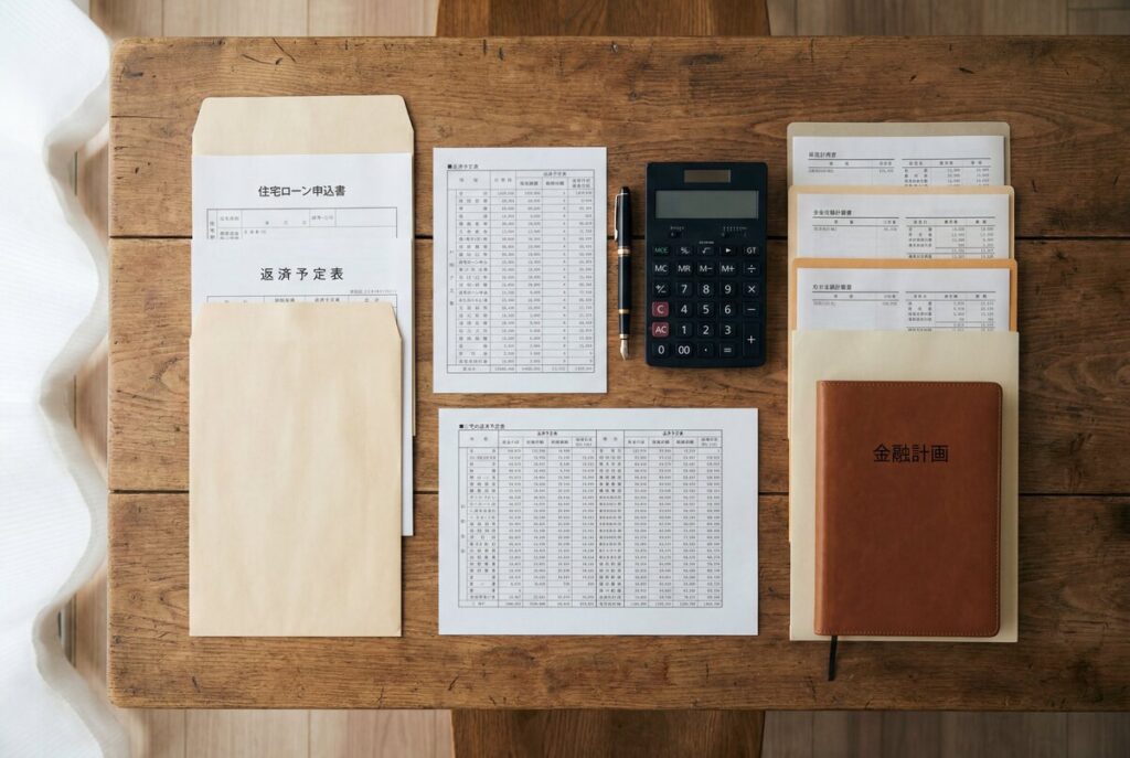 木製テーブルの上に美しく整然と並べられた、住宅ローン申込書や返済予定表、黒い電卓、金融計画ノート