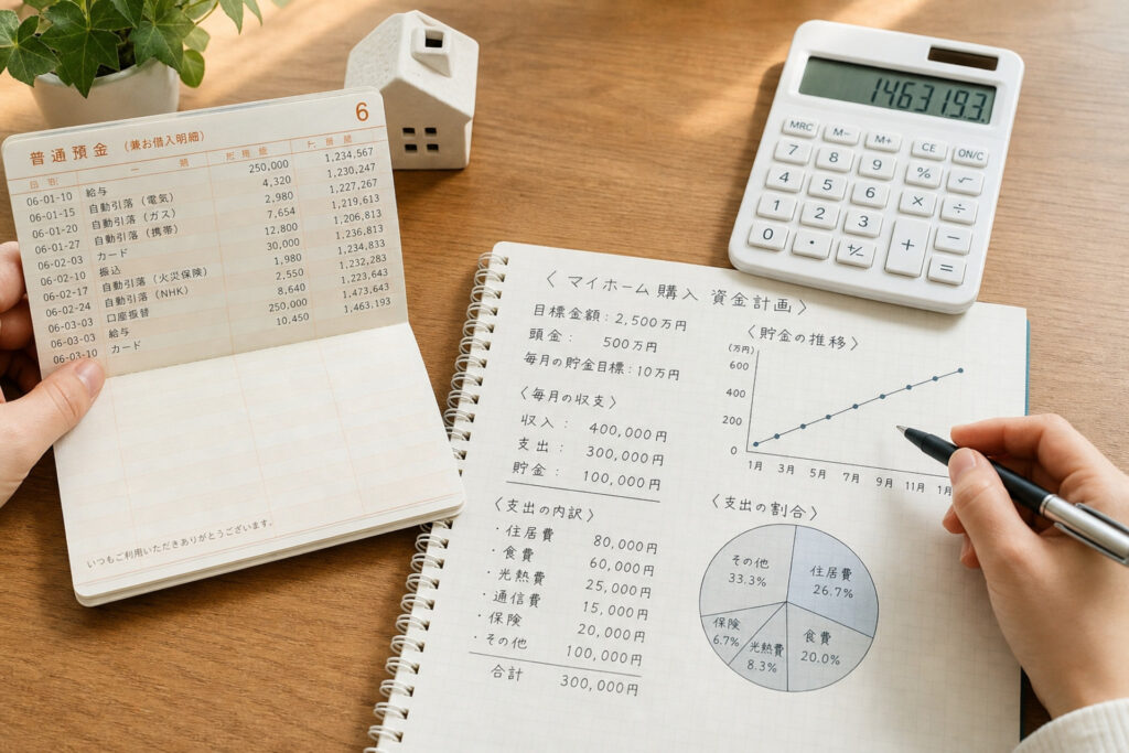 銀行通帳や電卓、マイホーム購入に向けた資金計画・貯金の推移グラフが書かれたノートをデスクに広げて検討する様子