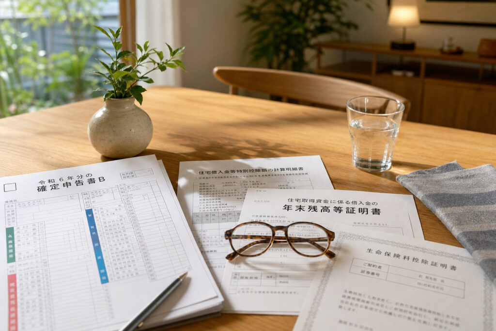 自然光が差し込む木目のテーブルに広げられた、確定申告書や住宅ローン控除の計算明細書などの手続き書類。