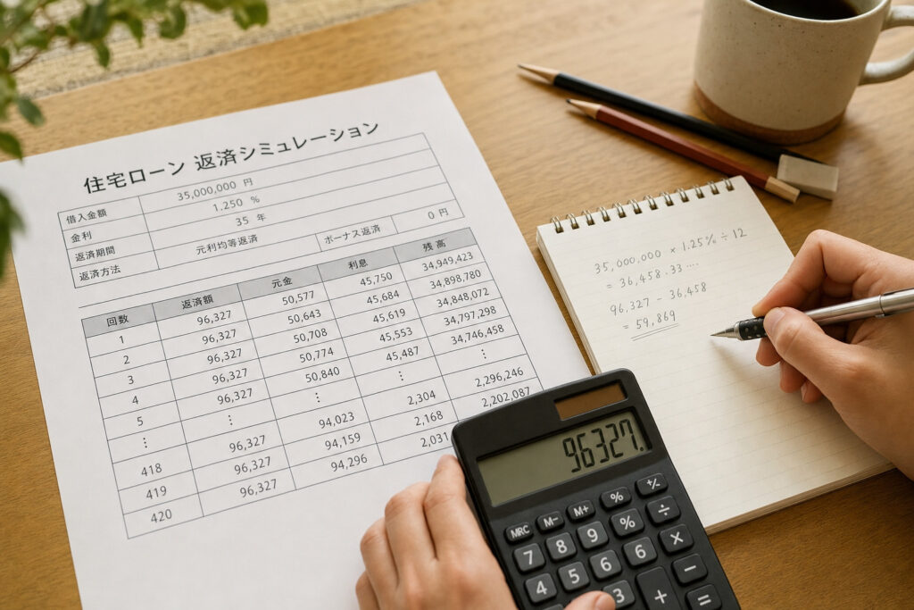 借入金額3,500万円の住宅ローン返済シミュレーション表を見ながら、ノートと電卓を使って月々の返済額を計算している様子。