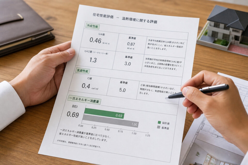 ⑨住宅性能を示すUA値・C値などのデータが記載された資料を手に持っている場面