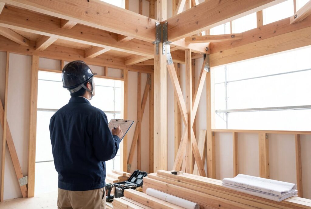ヘルメットを着用した建築士が、金属金物で強固に固定された柱や梁の構造骨組みを、クリップボードを手に現場で入念に検査する後ろ姿