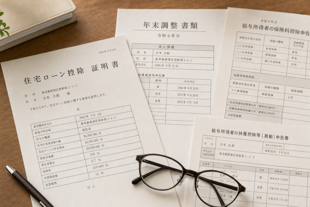 木製のデスクの上に広げられた住宅ローン控除証明書や年末調整書類一式と、手前に置かれたメガネとペン。