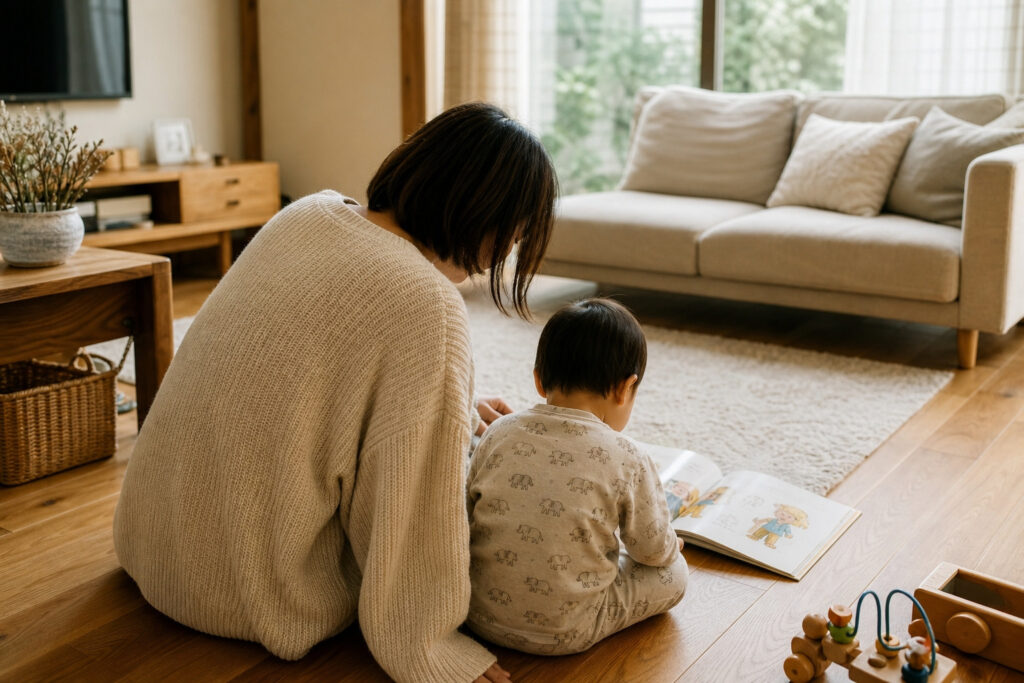 木の温もりを感じる無垢材風のフローリングのリビングで、床に座って絵本を読む母親と子ども。