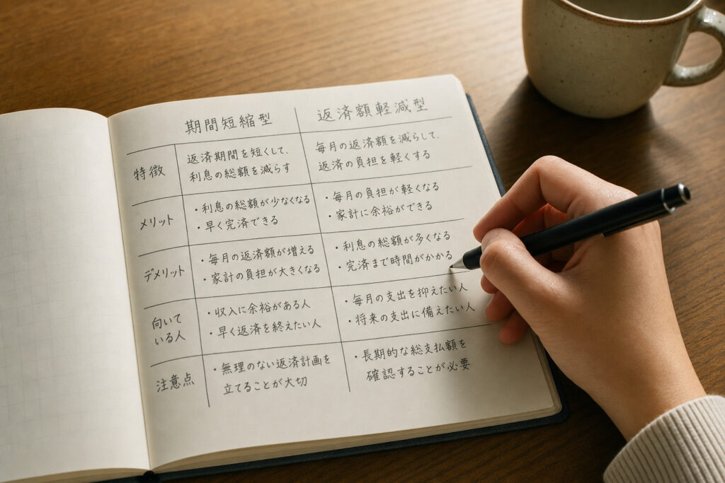 期間短縮型と返済額軽減型の特徴やメリット・デメリットを手書きのノートにまとめた比較表と、ペンを持つ手。