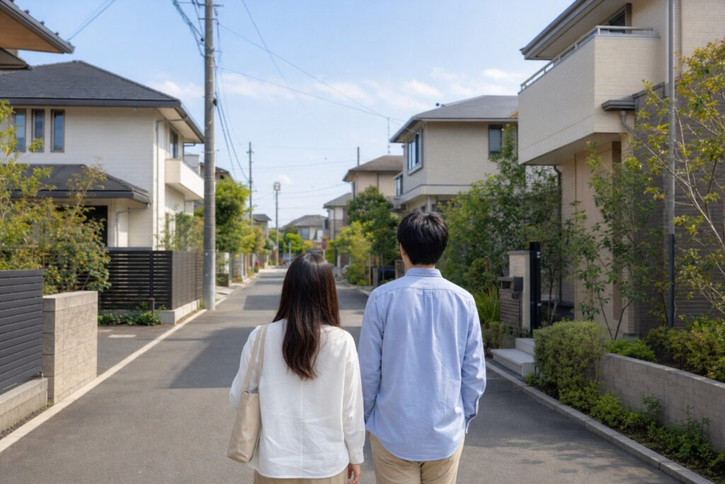 きれいに整備された戸建て住宅と豊かな植栽が並ぶ住宅街の道路を歩きながら、周辺環境を確認している夫婦の後ろ姿。