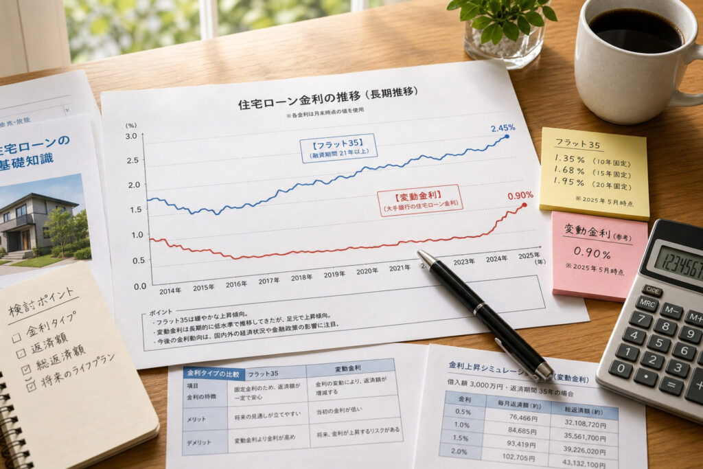 木製テーブルの上に広げられた住宅ローン資料・タブレット・コーヒーカップ。指さしながら真剣に相談する夫婦の手元のクローズアップ写真。