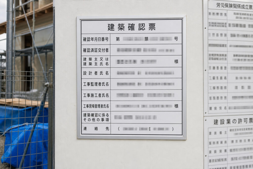 住宅の建築工事現場の仮囲いに掲示された、確認年月日番号や建築主名などが記載される建築確認票の看板。