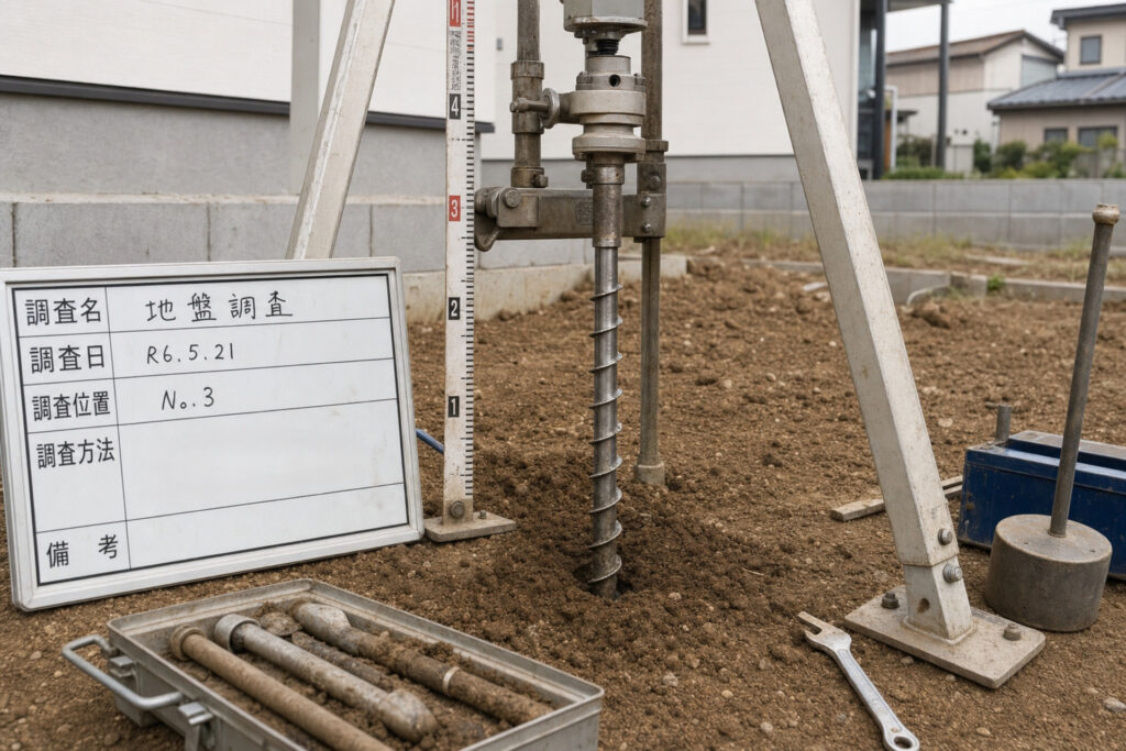 住宅建設前の更地に設置された、専用のスクリューを用いたSWS試験による地盤調査の機材と、調査内容が記載された看板。
