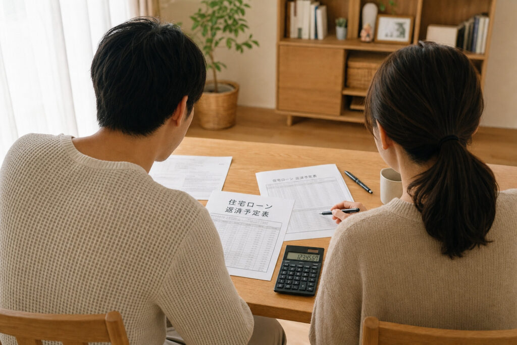 ナチュラルな木目のダイニングテーブルで、住宅ローン返済予定表を見ながら電卓で資金計画を立てる夫婦の後ろ姿