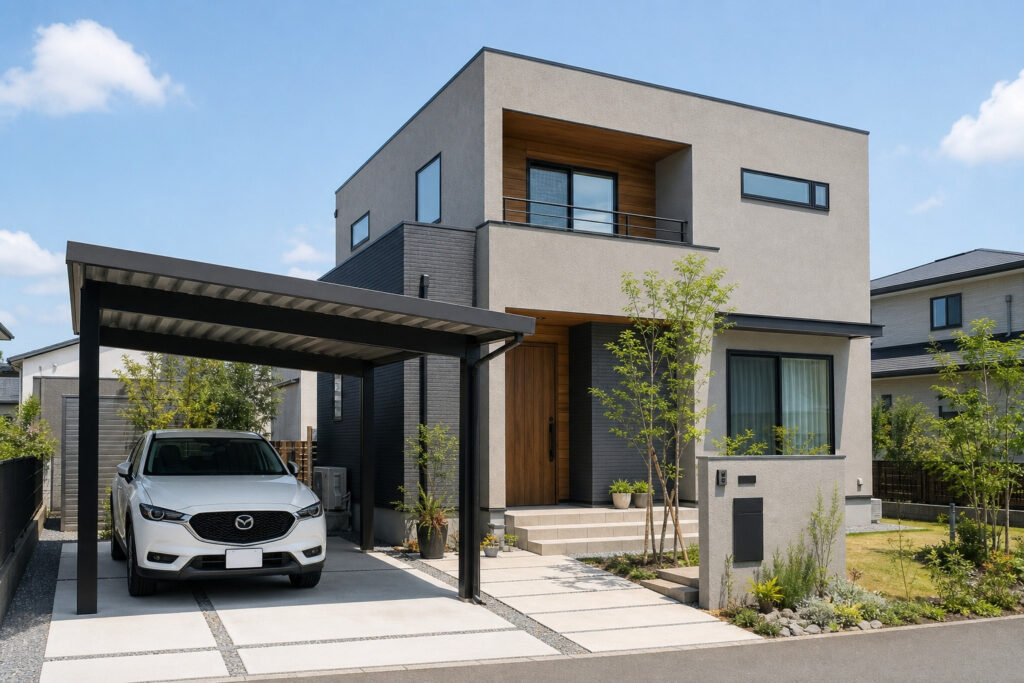 グレーの塗り壁と黒い外壁材を組み合わせたキューブ型のモダンな住宅と、開放的な空間を確保したフラット屋根のカーポート。