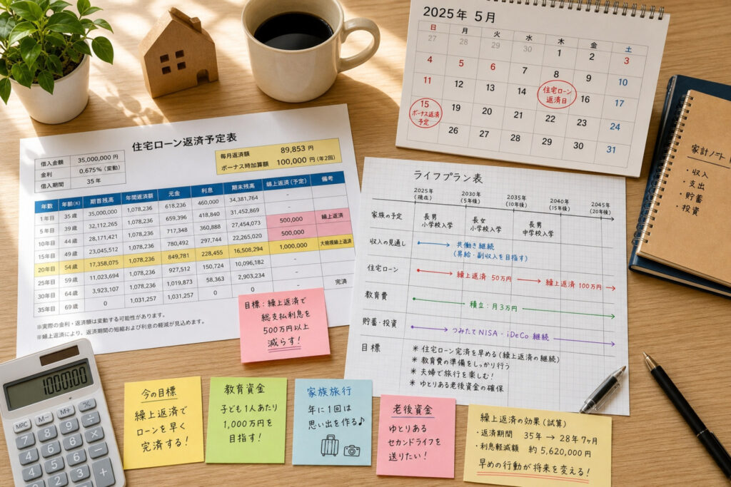 住宅ローン返済予定表や将来のライフプラン表、カレンダー、繰上返済などの目標を書いた付箋が並ぶ、返済計画の検討風景