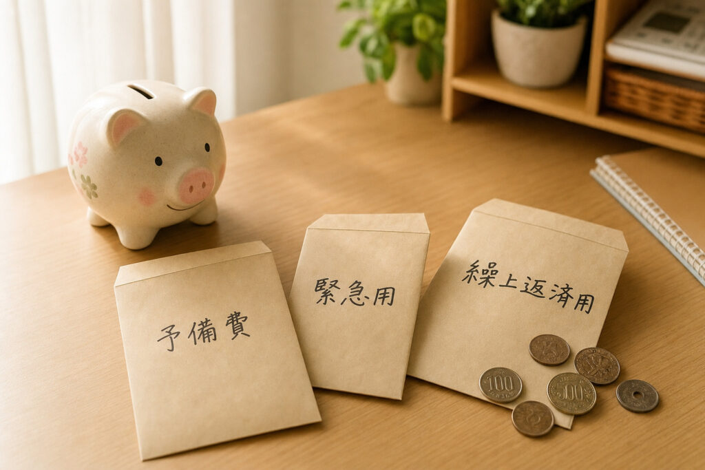 木製のデスクに置かれた豚の貯金箱と、「予備費」「緊急用」「繰上返済用」と目的別に仕分けられた3つの封筒と硬貨。