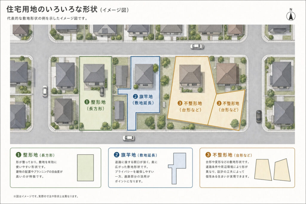 住宅用地の代表的な形状である、長方形の「整形地」、通路部分がある「旗竿地」、台形などの「不整形地」の違いと建物の配置例を俯瞰で比較した図解。