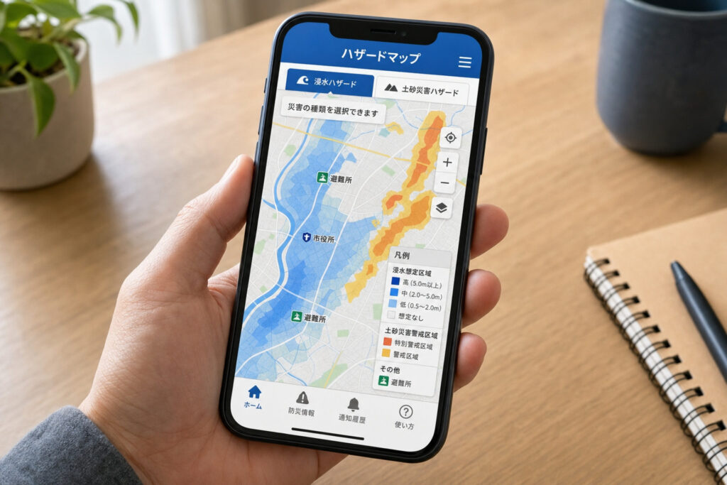 浸水想定区域が青色、土砂災害警戒区域が赤やオレンジ色で色分けして表示された、スマートフォン画面上のハザードマップ。