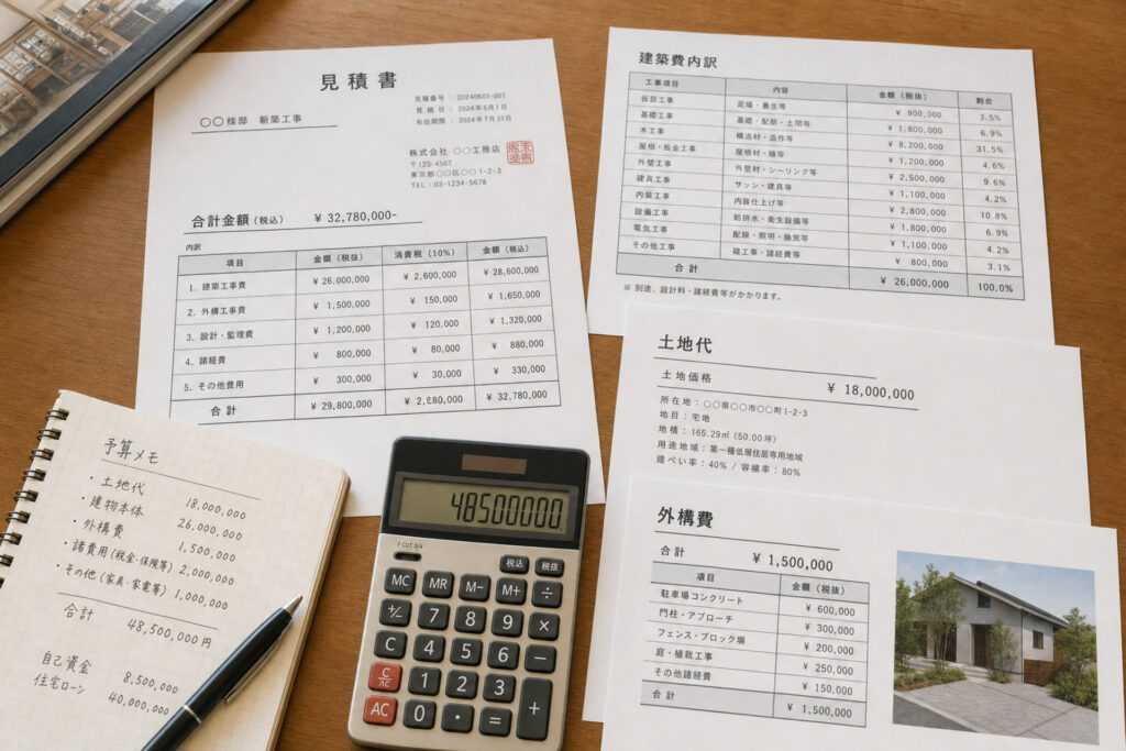 新築工事の見積書、建築費内訳、土地代、外構費などの書類と、予算メモ、4850万円と表示された電卓が机に並べられた資金計画の資料。