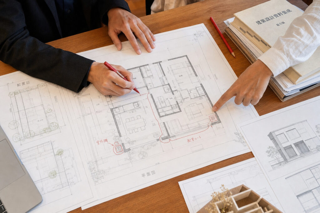 住宅の平面図に赤ペンで「室外機」や「配管ルート」と書き込み、指差しで確認しながら配置の打ち合わせを行っている様子。
