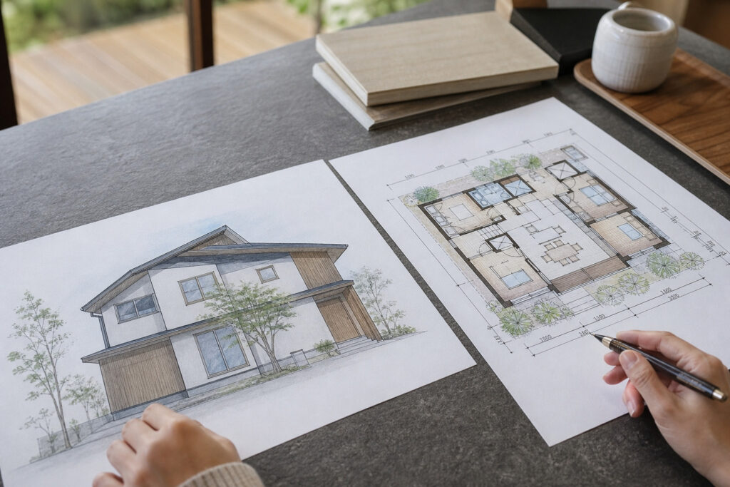 机の上に広げられた住宅の外観の手描きパース図と平面間取り図を見比べながら、ペンを手に打ち合わせをしている様子。