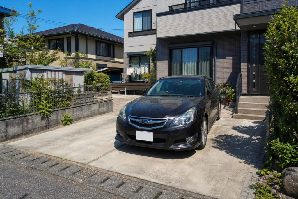 カーポートが設置されていない、コンクリート打ちのオープンな駐車スペースに車が停まっている住宅の外観。